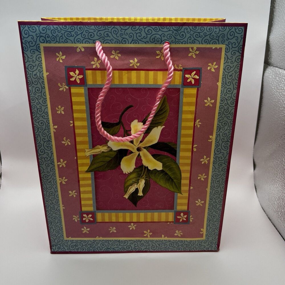 Vintage 2001 Pizzazz Floral Gift Bag Pink Blue Yellow Rope Handles Medium